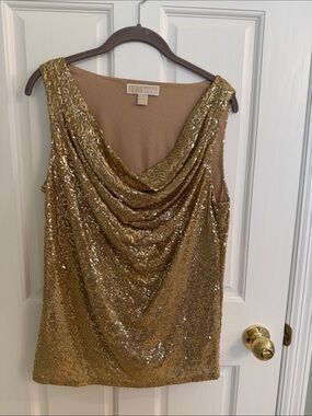 MICHAEL Michael Kors Gold Sequin Cowl Neck Sleeveless Top